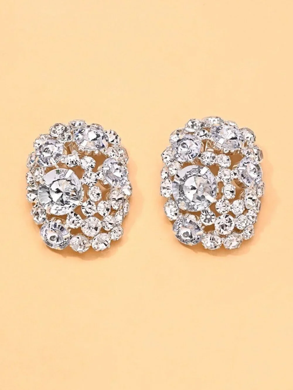 Silver Elegant Women's Oversized Clip-On Rhinestone Earrings